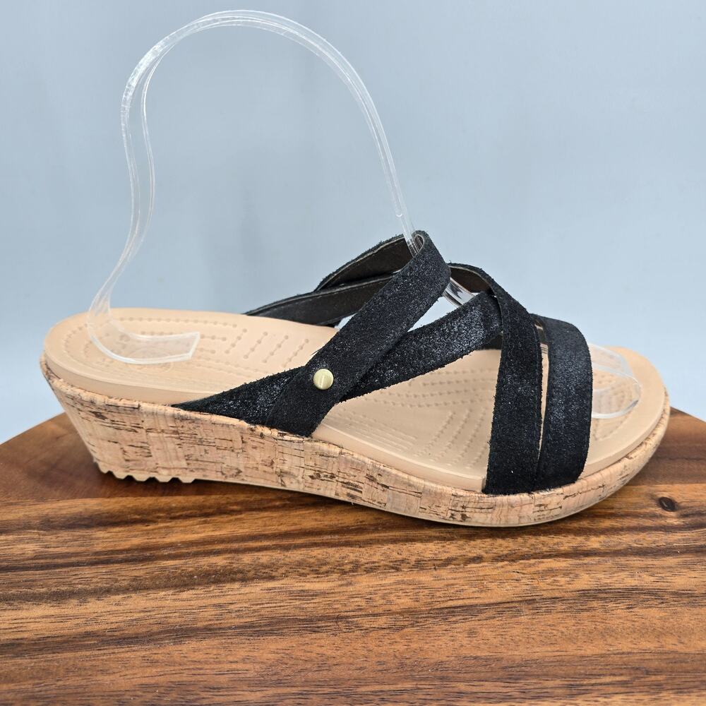 Crocs Sandals Womens 7 Black Leather Shimmer Strappy Open Toe Slip On Wedge